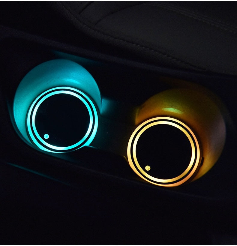 2 Pcs 7 Colors Car LED Cup Holder Light Mats Car Coasters Bottle Atmosphere Light Constellation Backlight LED Cup Holder Pads