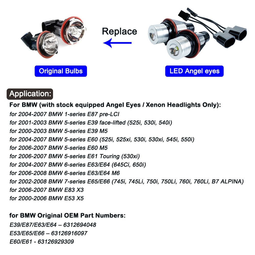 2Pcs  Error Free Angel Eye Halo Ring Marker Side Light LED Bulb For BMW E39 5W E53 E60 E61 E63 X5